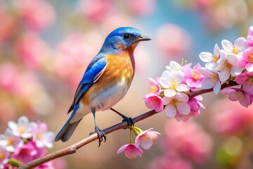 Western Bluebird Perched on Delicate Cherry Blossom Branch with Soft Bokeh Background