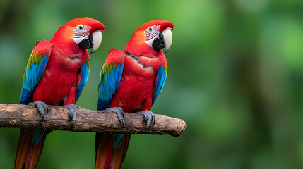 Obraz premium Scarlet Macaws perched on branch, rainforest background, wildlife photography