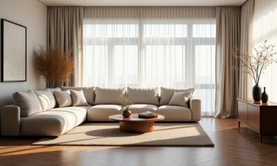Spacious living room with a cozy sectional, large windows, and elegant decor, creating a warm and inviting atmosphere.