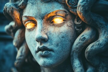 Obraz premium Glowing gaze of Medusa with serpentine hair under a twilight sky. Generative AI