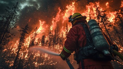 Naklejka premium Firefighter Battles Intense Wildfire In Forest