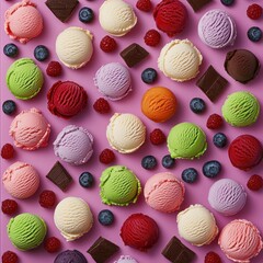 Colorful Ice Cream Scoops with Berries and Chocolate on Pink Background