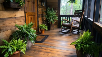 Fototapeta premium A welcoming front porch with potted plants, a rocking chair, and warm wooden textures