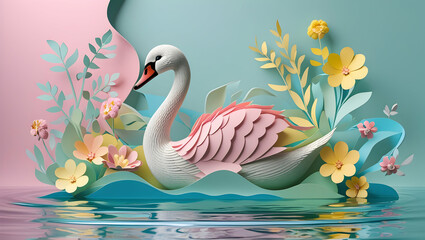 Obraz premium Pastel swan, paper art, floral, aquatic, decorative