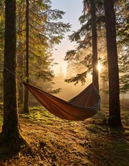 A tranquil hammock hangs between majestic evergreens, bathed in warm morning light. This peaceful spot invites relaxation and a perfect retreat into the heart of nature