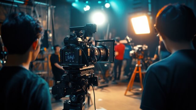 A film director on a movie set, giving instructions to actors and crew with cameras and lighting equipment, Film production scene