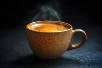 A sleek coffee cup with a gentle ceramic texture, filled with aromatic coffee that radiates warmth and subtle steam.
