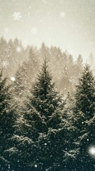 Snow-covered evergreen trees, falling snow, winter scene.
