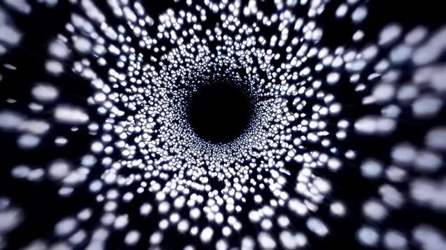 Flying through micro particles tunnel in dark, ethereal particle
