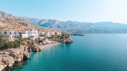 Coastal village, mountain backdrop, clear sea, summer vacation