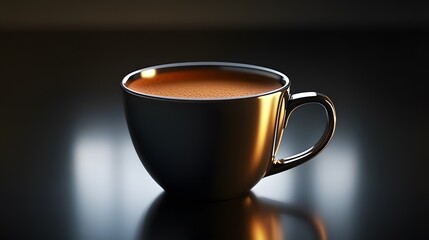 A sleek coffee cup with a glossy exterior and minimalist design, filled with aromatic coffee and captured in high-definition clarity.