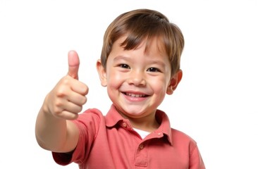 Advertising banner. Portrait of smiling child showing thumb up on white background. Children models for marketing.