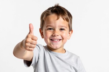 Advertising banner. Portrait of smiling child showing thumb up on white background.