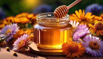 A close up of a glass jar filled with rich golden honey, accented by a wooden dipper, surrounded by colorful flowers under soft sunlight creating a warm and inviting atmosphere
