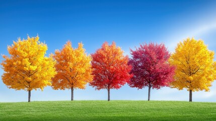 Naklejka premium Vibrant autumn trees with their leaves in full color, creating a stunning fall wallpaper with a blue sky in the background