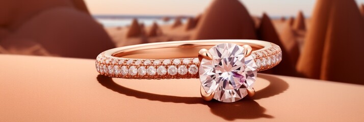 Solitaire diamond ring gleaming against a serene beach landscape at sunset. Generative AI