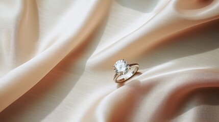 Obraz premium Elegant solitaire diamond ring resting on luxurious satin fabric. Generative AI