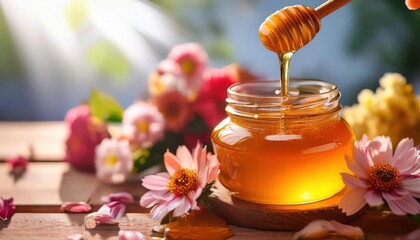A close-up view captures golden honey being lifted from a jar with a wooden dipper