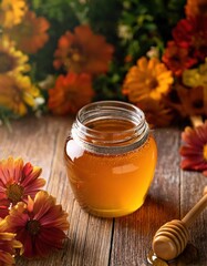 A beautifully crafted glass jar filled with golden honey rests on a rustic wooden table. Beside it, a honey dipper invites a taste of nature's finest, surrounded by vibrant autumn blooms