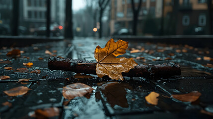 Autumn leaf on wet bench, city street background, rainy day