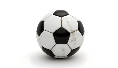 Worn-out soccer ball with dirt and scuff marks on a white background
