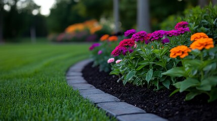 Vibrant blooms along a manicured lawn border creating a tranquil garden