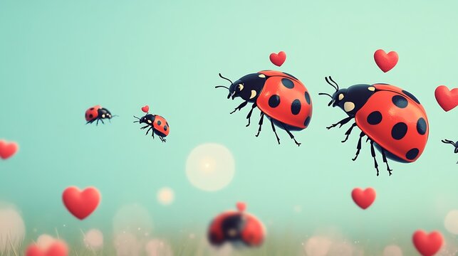 Cute Cartoon Love Bugs Flying with Hearts Against a Soft Background