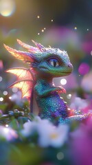 Obraz premium Adorable Baby Dragon in a Magical Garden