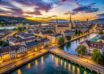 Obraz premium Zurich Cityscape Evening Panorama: Aerial Timelapse of Central Station & Limmat River, Switzerland