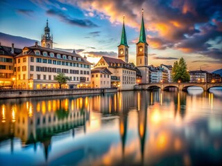 Obraz premium Zurich Switzerland Limmatquai Riverfront Grossmunster Church Scenic View