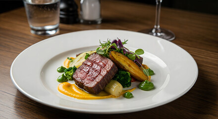 This image depicts a beautifully plated dish featuring a juicy, medium-rare steak as the centerpiece.