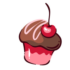 Chocolate cartoon muffin with cherry. Funny brown cake with pink sprinkles of glaze on cap for morning coffee or tea. Breakfast menu, birthday party mascot, cartoon cute dessert vector illustration