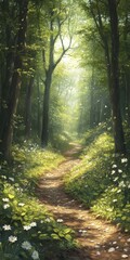 Obraz premium Sunlit forest path surrounded by vibrant greenery