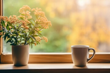 Morning coffee ritual unfolds beside blooming plants in gentle sunlight. Generative AI