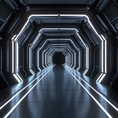 Obraz premium Futuristic spaceship corridor, glowing lights, dark background, science fiction setting, ideal for sci-fi film backgrounds