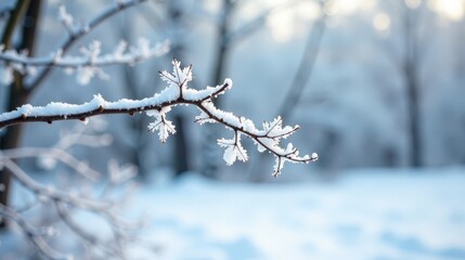 Obraz premium A snow-covered branch extends gracefully, showcasing delicate frost-kissed leaves against a softly blurred winter landscape.