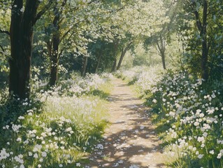 Fototapeta premium Pathway through a flower-filled forest in springtime