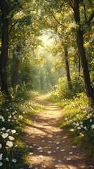 Fototapeta premium Sunlit forest path surrounded by wildflowers in spring