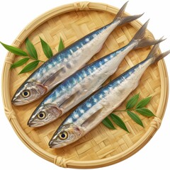 Fresh Seafood Three Pacific Saury Fish on Bamboo Tray with Greenery