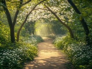 Obraz premium Sunlit forest pathway under flowering trees in spring