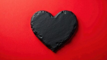 Fototapeta premium A dark heart-shaped stone rests on a vibrant red background, a striking contrast of textures and colors, symbolizing a poignant and mysterious message.