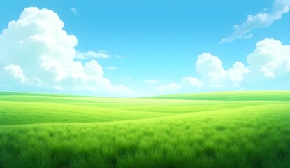 Obraz premium Wide green grass field stretching to the horizon under bright blue sky with fluffy clouds