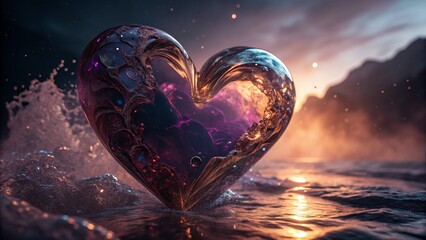 cosmic heart, ethereal love, galactic romance, celestial ocean, sunset waves, starry reflections, magical seascape, dreamlike atmosphere