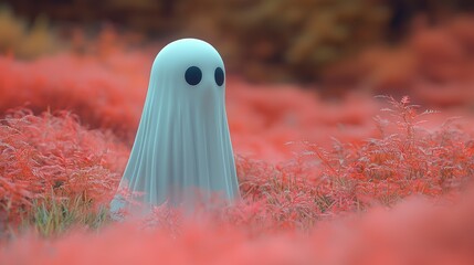 A friendly ghost stands in a red field of plants