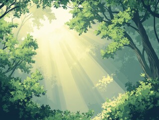 Sunlight filters through lush green trees in a forest