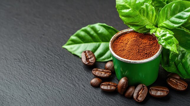 A vibrant display of coffee grounds in a green container, surrounded by coffee beans and fresh leaves, highlighting natural ingredients.