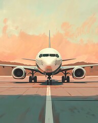 Fototapeta premium Airplane on runway against colorful sunset sky.