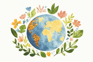 Colorful illustration of a globe surrounded by vibrant flowers and leaves, symbolizing global diversity and nature conservation themes