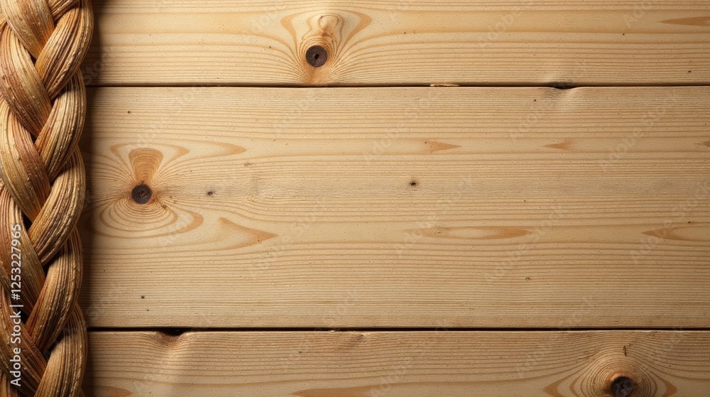 Poster rustic braided element against light wooden planks a textured background image for design projects