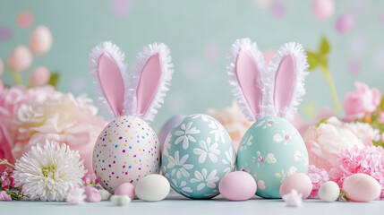Easter celebration with painted eggs and bunny ears on a soft pastel backdrop